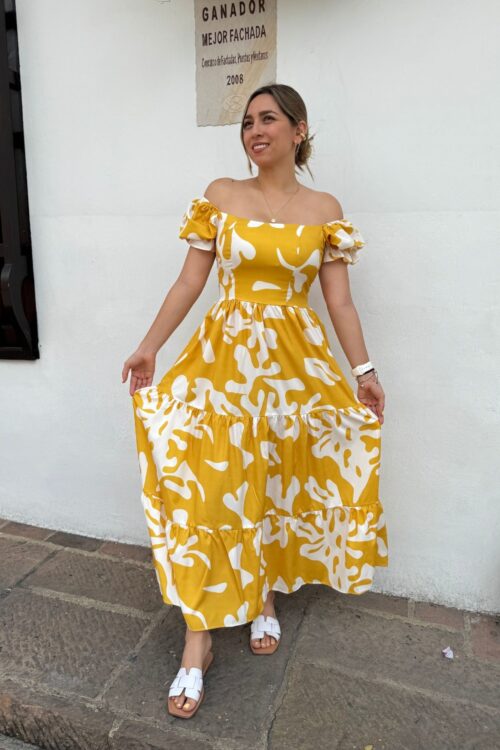 Vestido Roma mostaza blanco