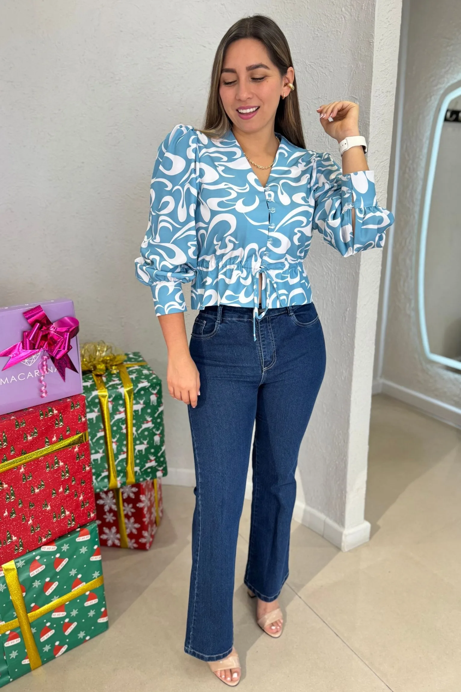 Blusa Maia celeste blanco